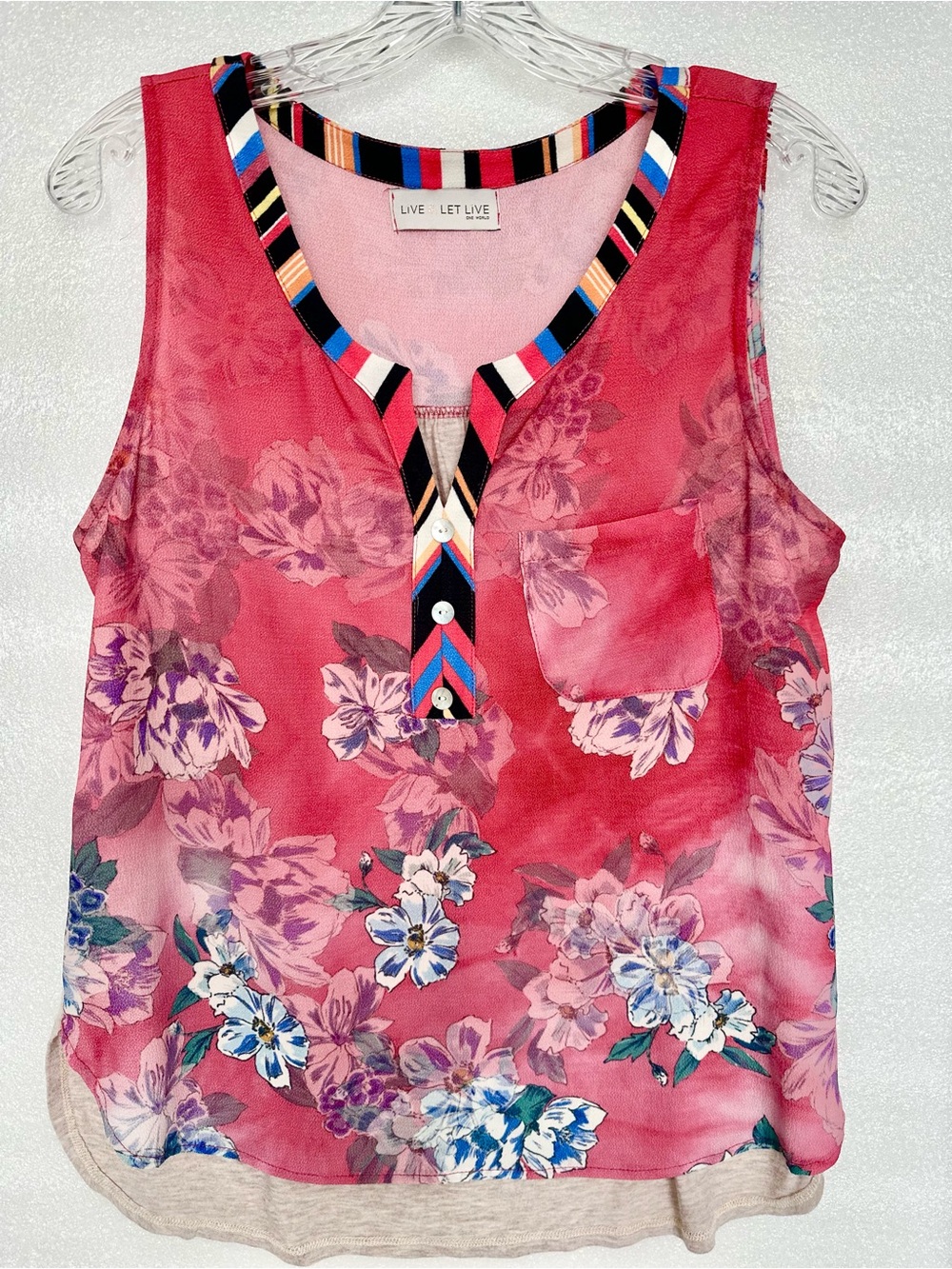 Pink Floral Sleeveless Henley Tank